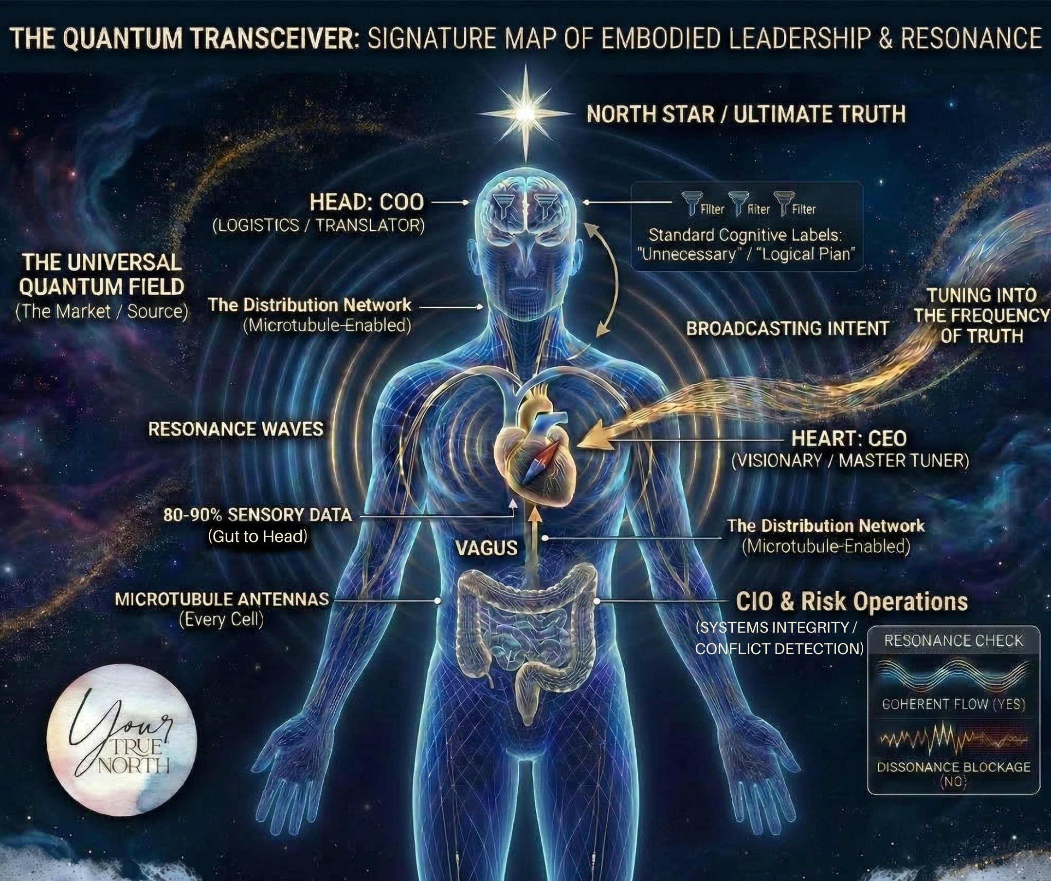 A detailed quantum diagram of a human figure titled 